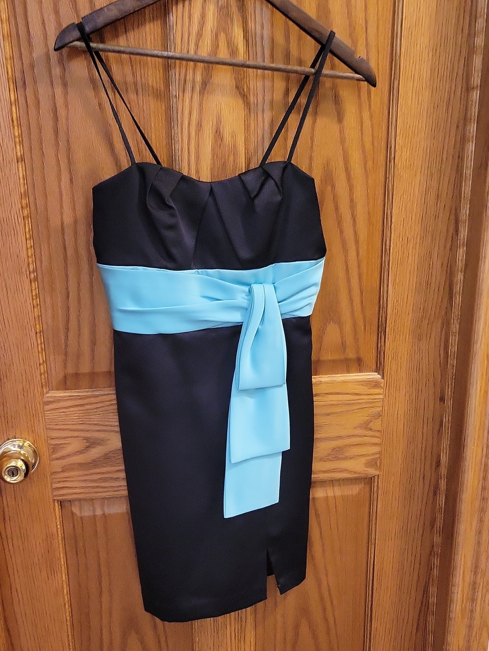 Alfred Angelo Black Mini Dress with Light Blue Waist Sash